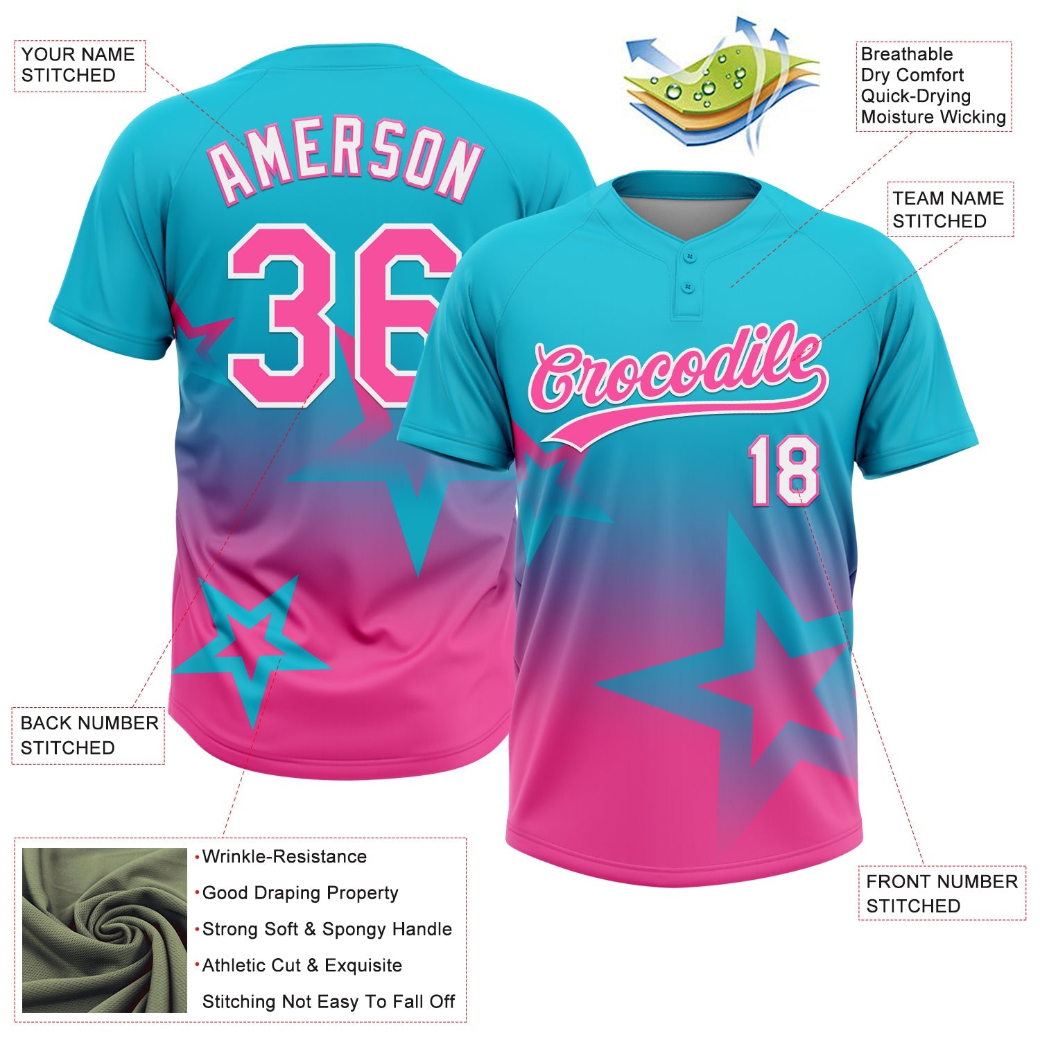 Custom Lakes Blue Pink-White Gradient Style Twinkle Star Two-Button Unisex Softball Jersey