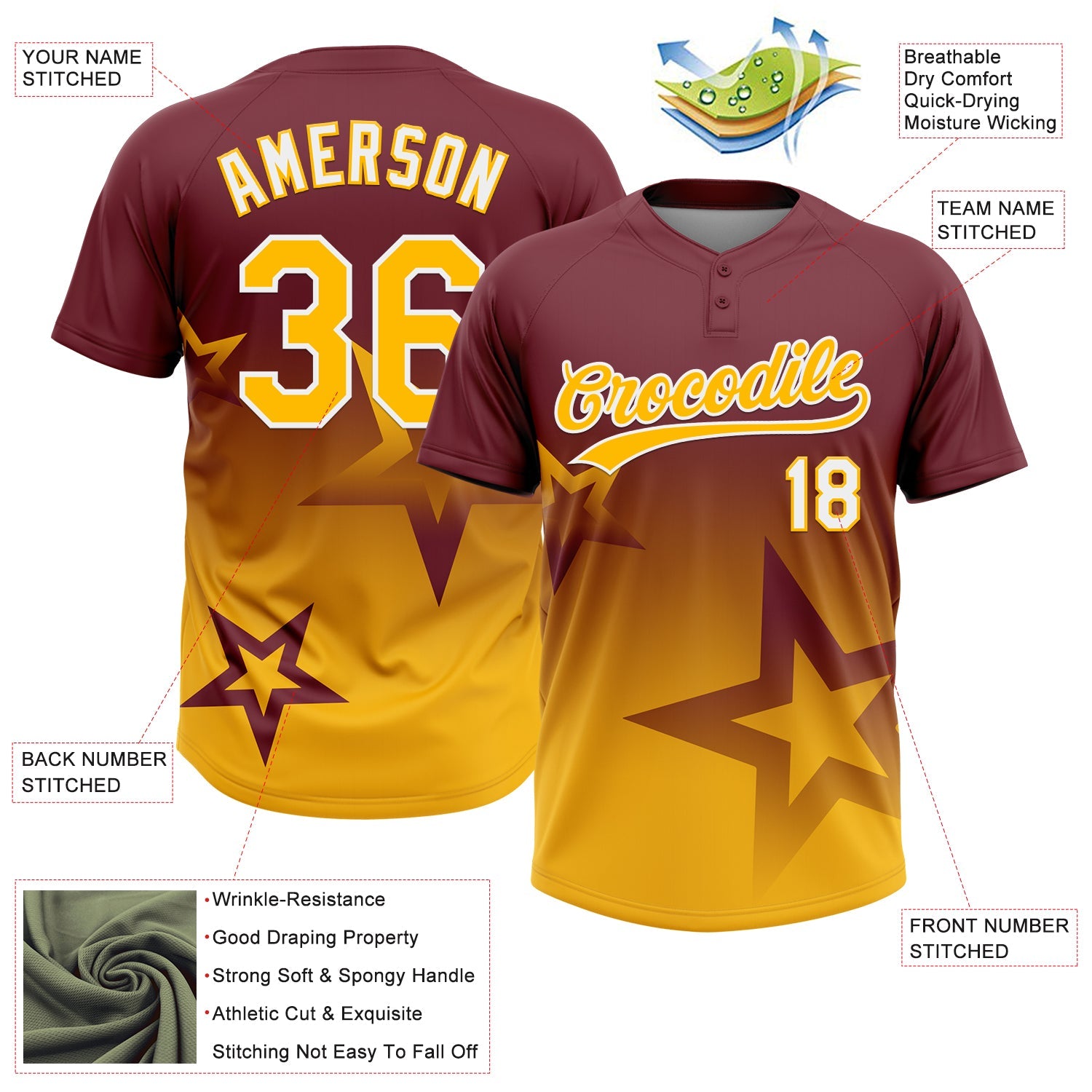 Custom Burgundy Gold-White Gradient Style Twinkle Star Two-Button Unisex Softball Jersey