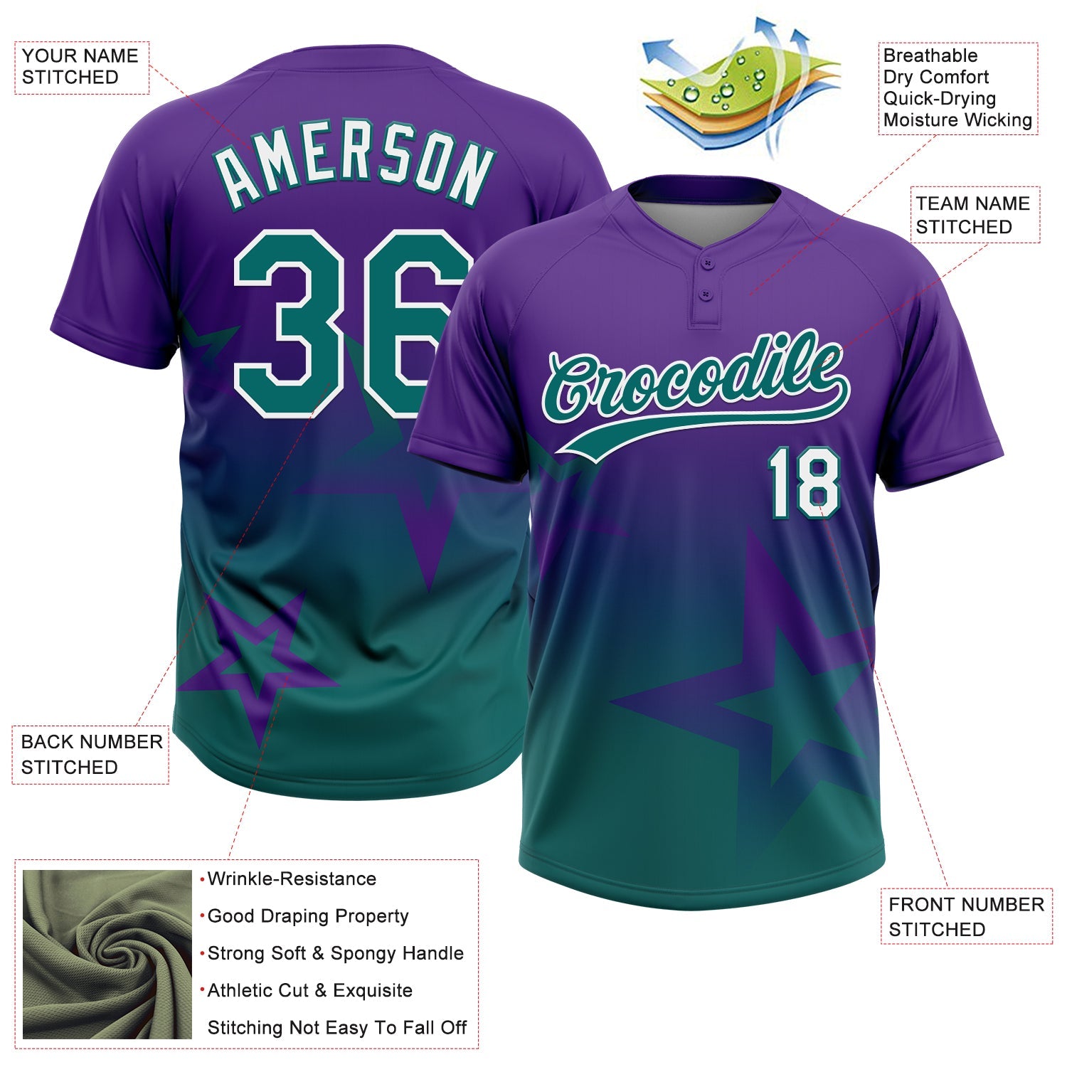 Custom Purple Teal-White Gradient Style Twinkle Star Two-Button Unisex Softball Jersey
