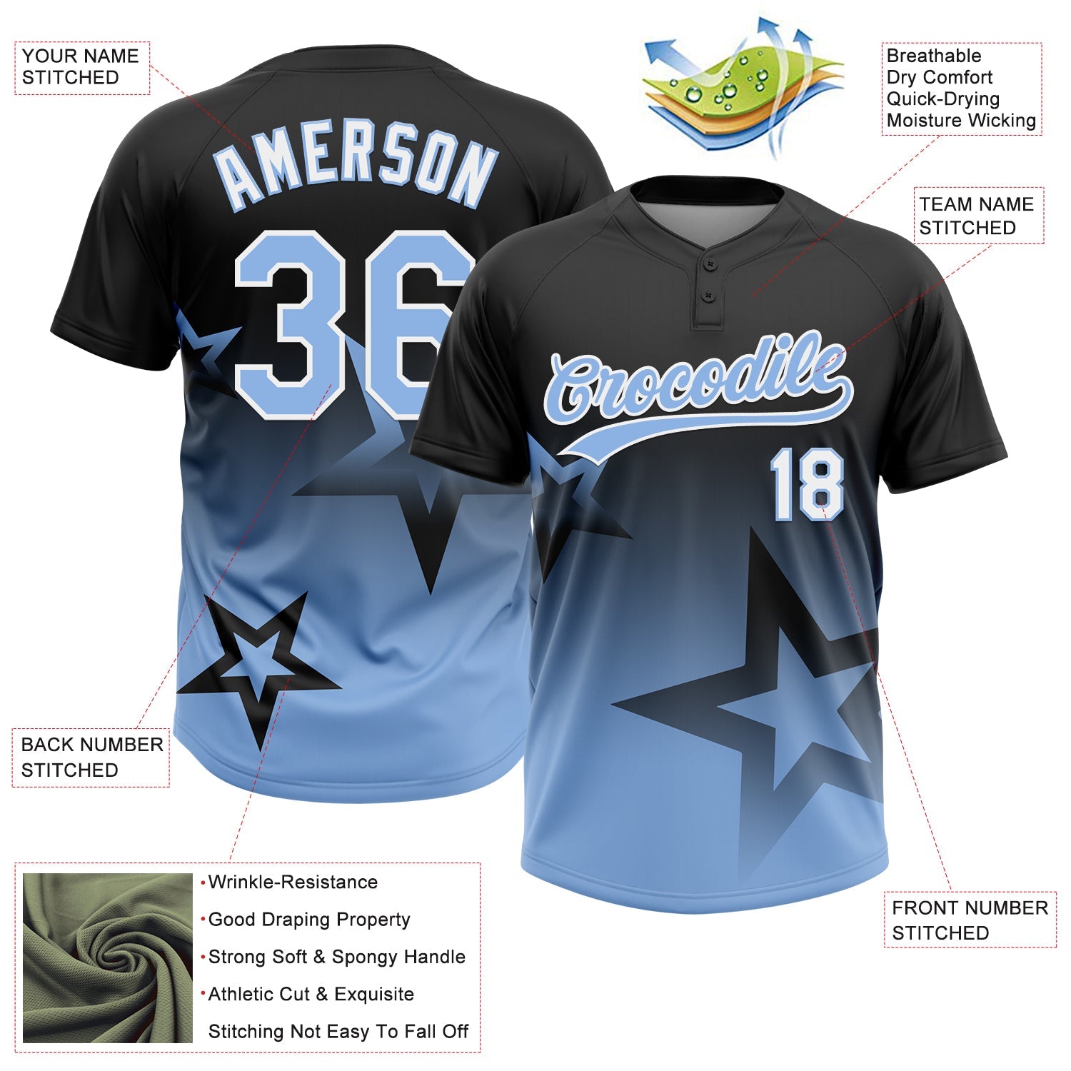Custom Black Light Blue-White Gradient Style Twinkle Star Two-Button Unisex Softball Jersey