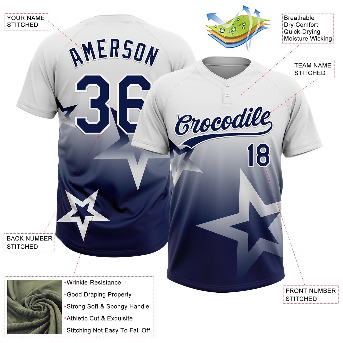 Custom White Navy Gradient Style Twinkle Star Two-Button Unisex Softball Jersey
