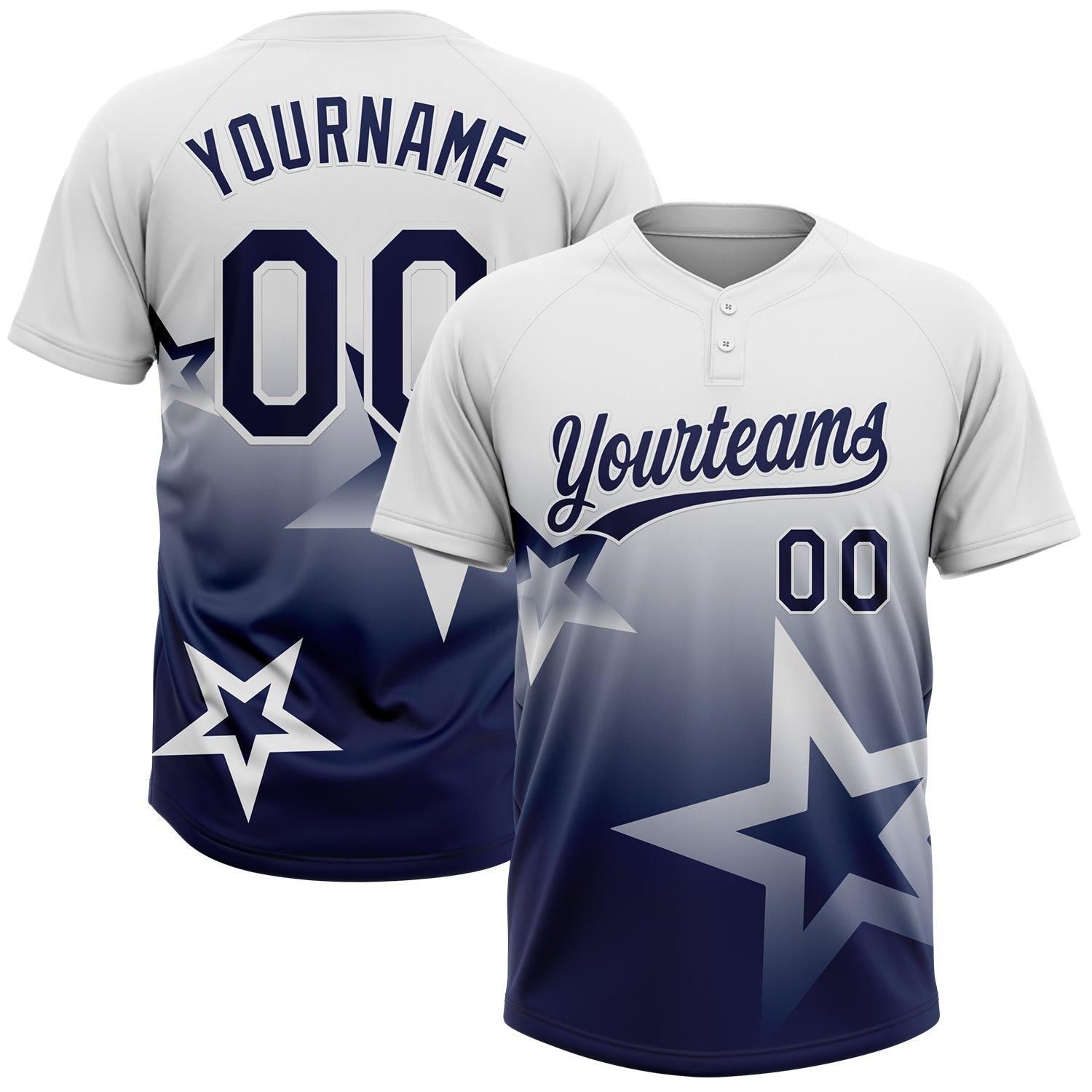 Custom White Navy Gradient Style Twinkle Star Two-Button Unisex Softball Jersey