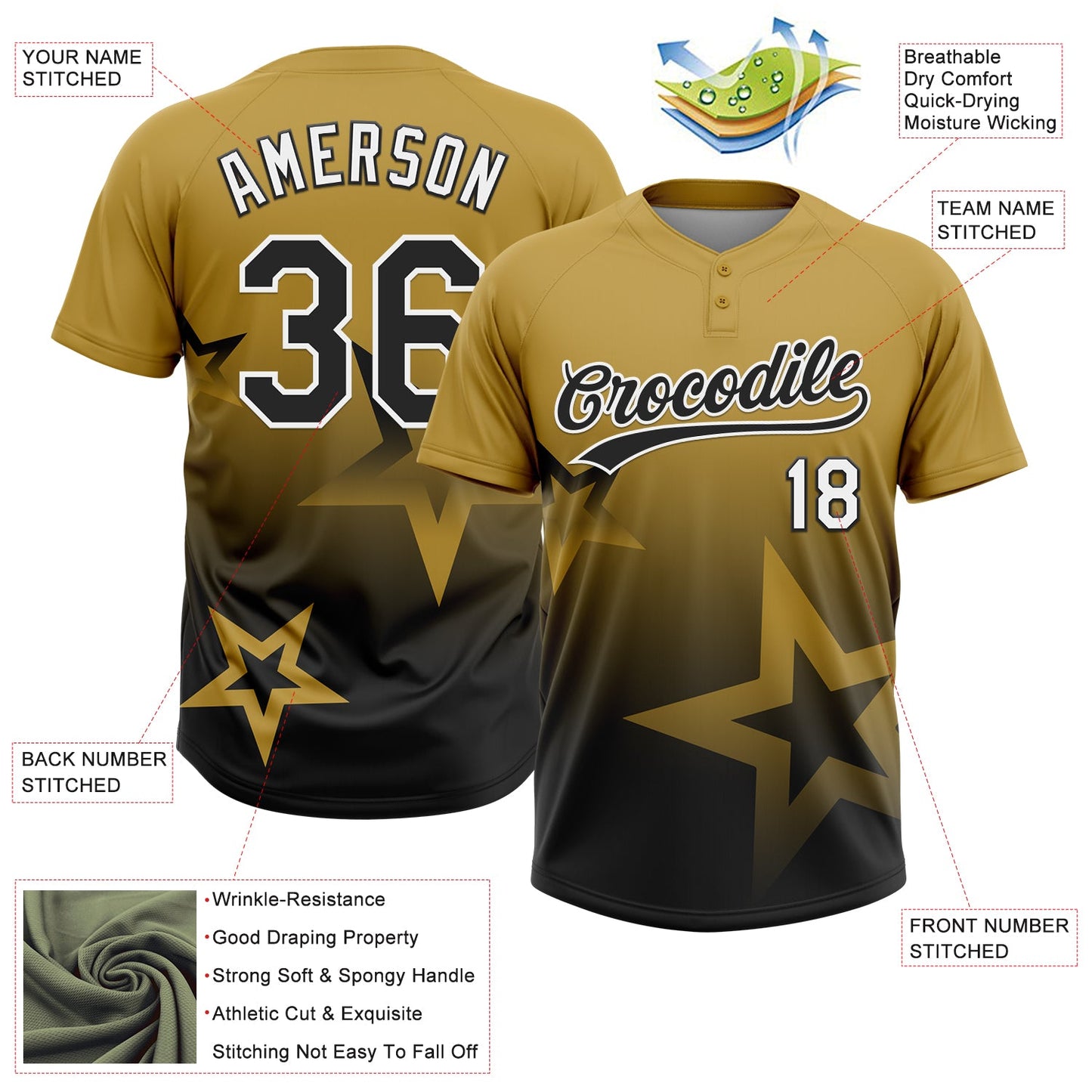 Custom Old Gold Black-White Gradient Style Twinkle Star Two-Button Unisex Softball Jersey