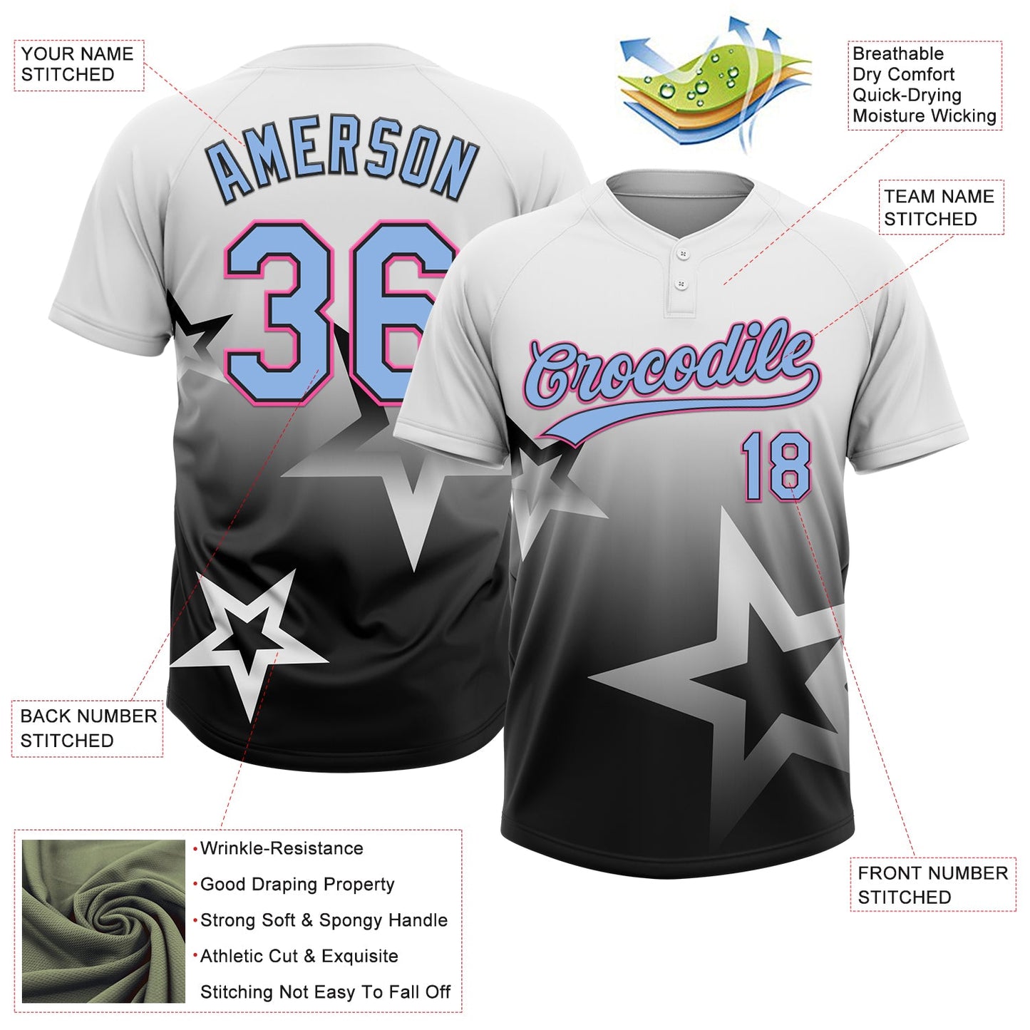 Custom White Light Blue Black-Pink Gradient Style Twinkle Star Two-Button Unisex Softball Jersey