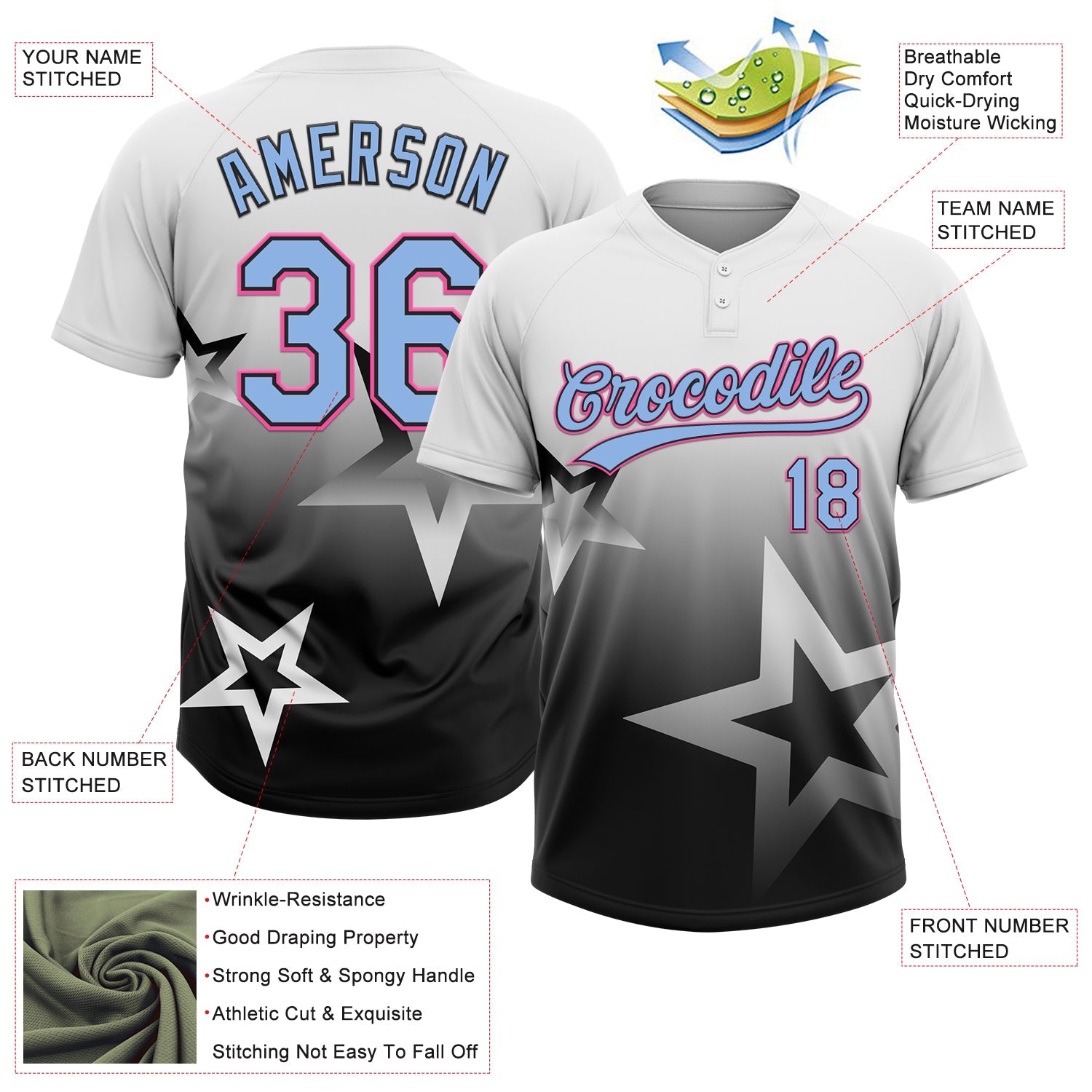 Custom White Light Blue Black-Pink Gradient Style Twinkle Star Two-Button Unisex Softball Jersey