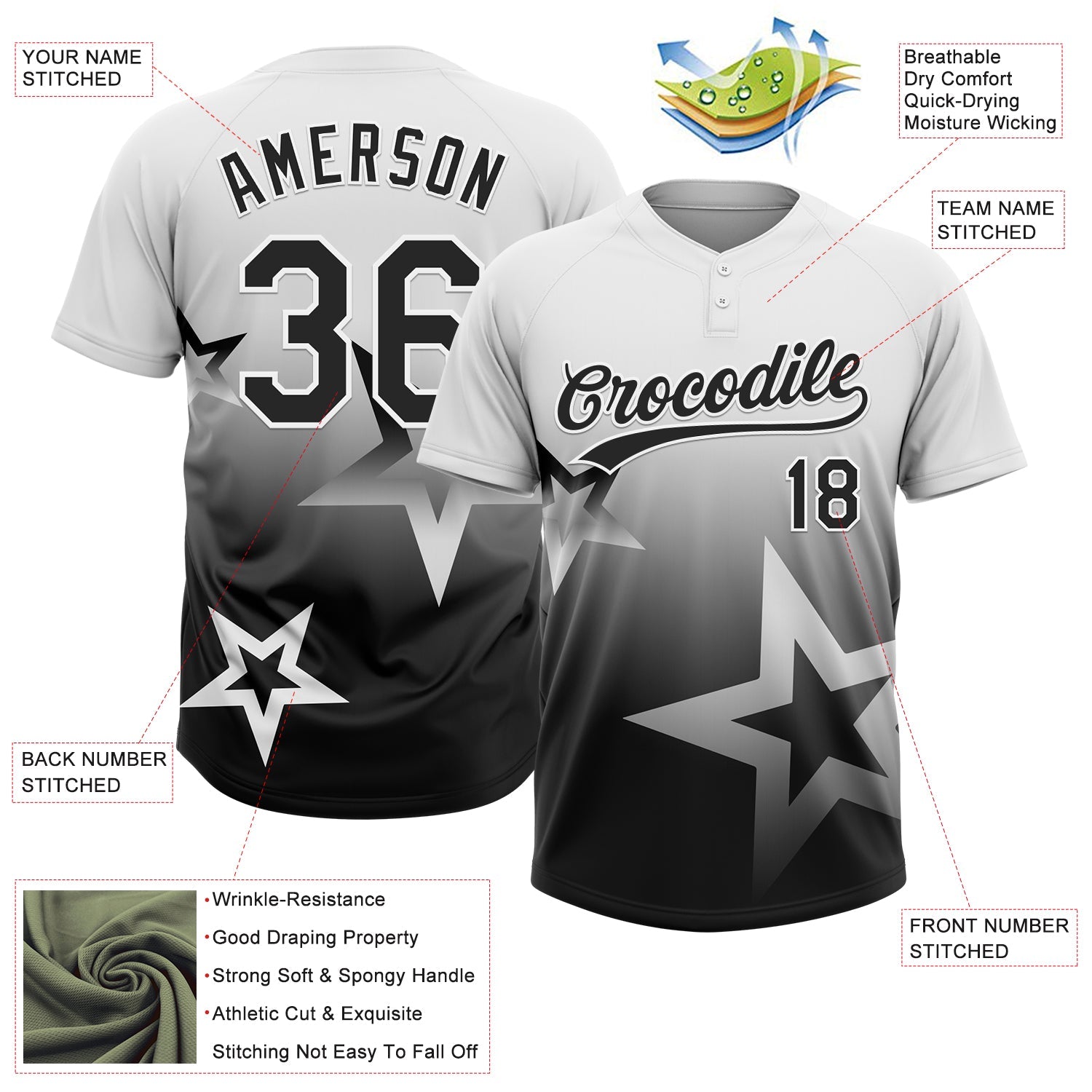 Custom White Black Gradient Style Twinkle Star Two-Button Unisex Softball Jersey
