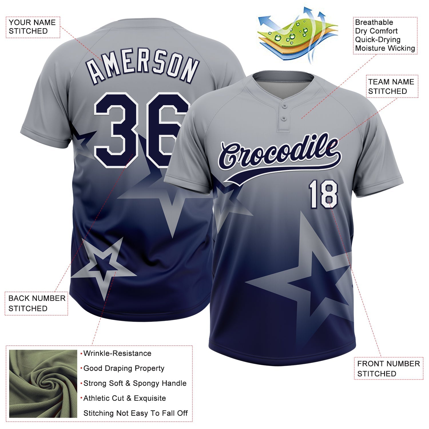 Custom Gray Navy-White Gradient Style Twinkle Star Two-Button Unisex Softball Jersey