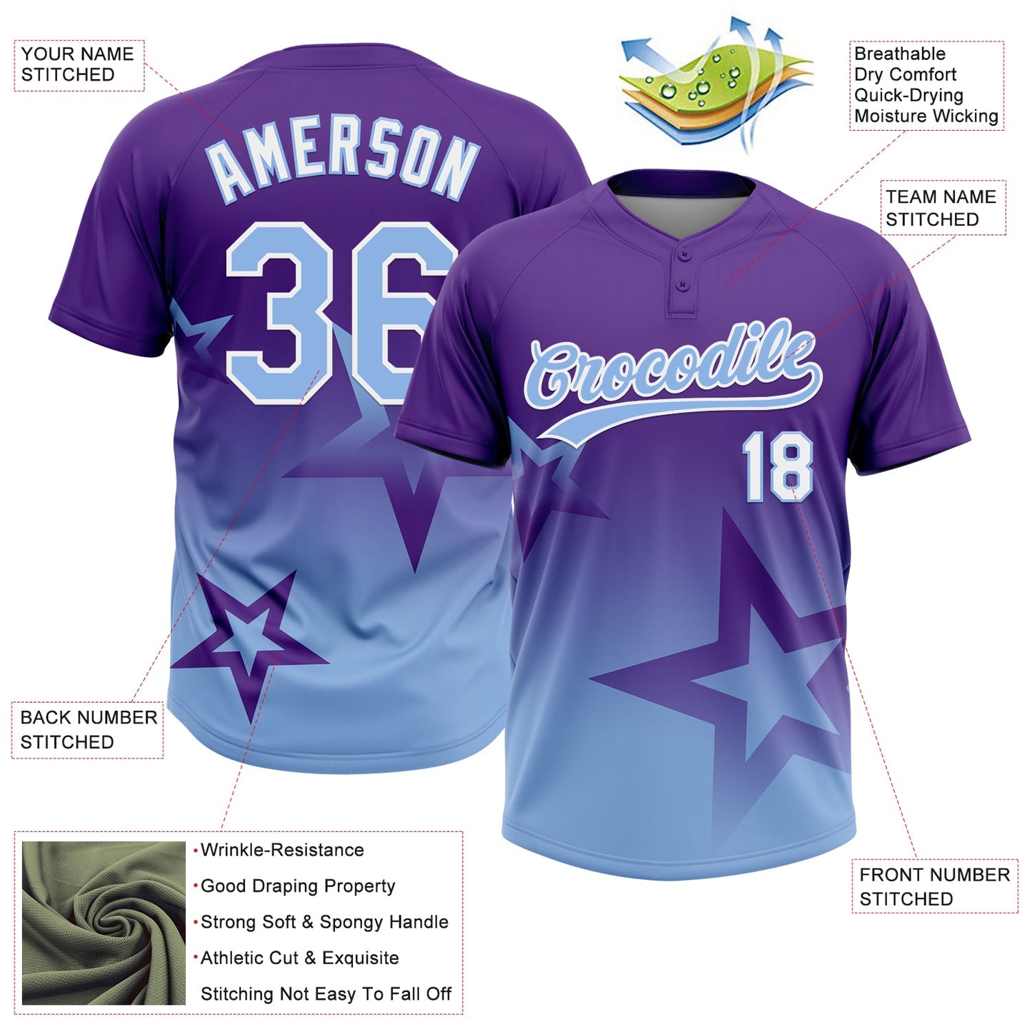 Custom Purple Light Blue-White Gradient Style Twinkle Star Two-Button Unisex Softball Jersey