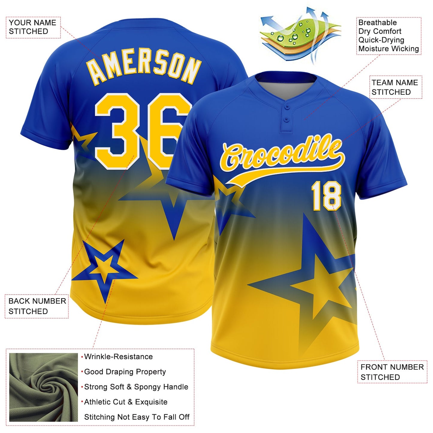 Custom Thunder Blue Yellow-White Gradient Style Twinkle Star Two-Button Unisex Softball Jersey