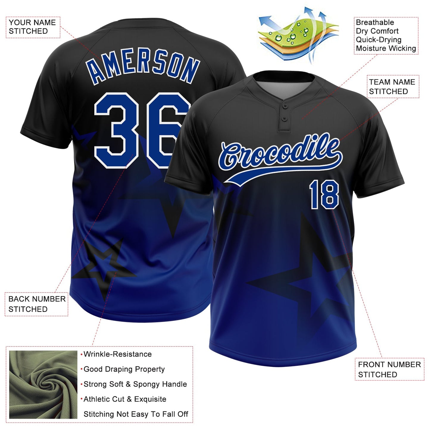 Custom Black Royal-White Gradient Style Twinkle Star Two-Button Unisex Softball Jersey