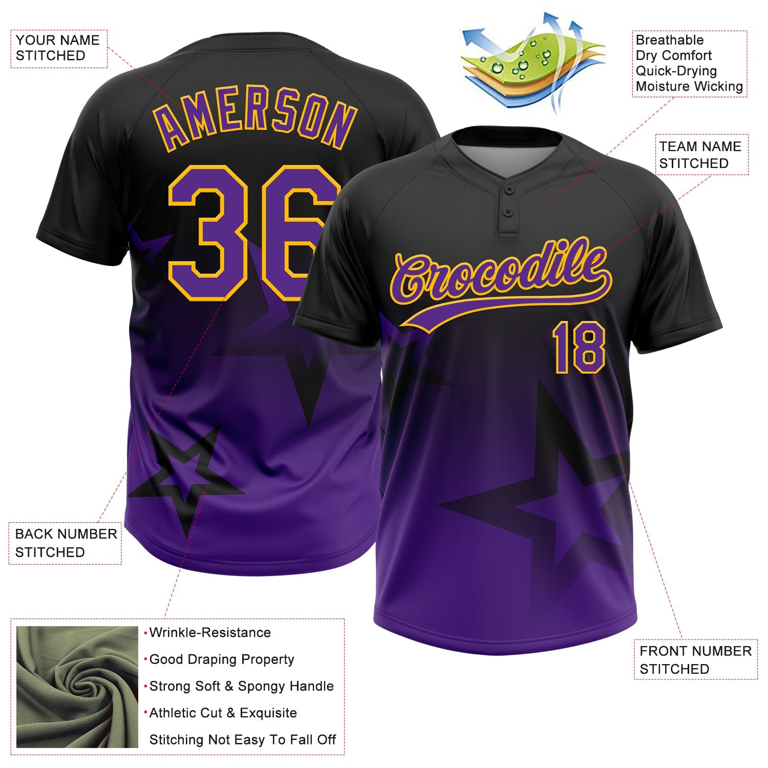 Custom Black Purple-Gold Gradient Style Twinkle Star Two-Button Unisex Softball Jersey