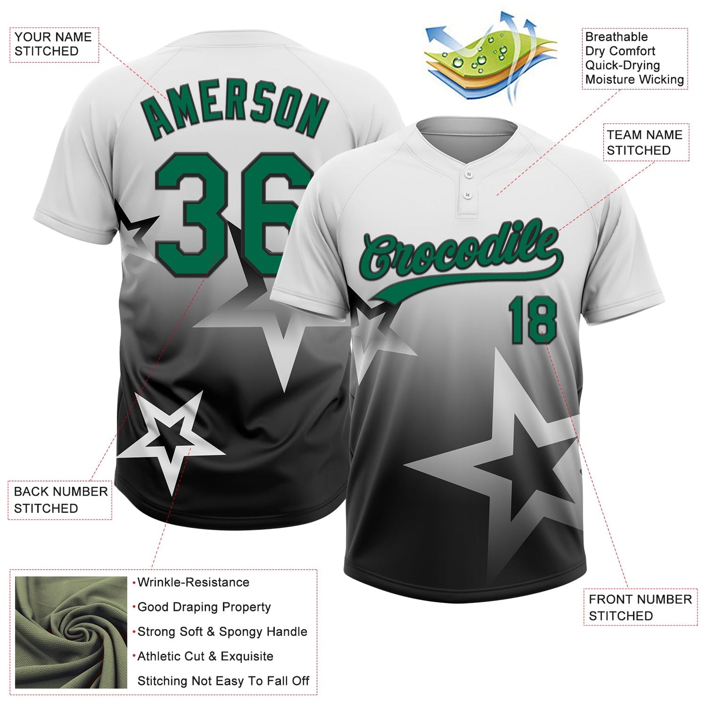 Custom White Kelly Green-Black Gradient Style Twinkle Star Two-Button Unisex Softball Jersey