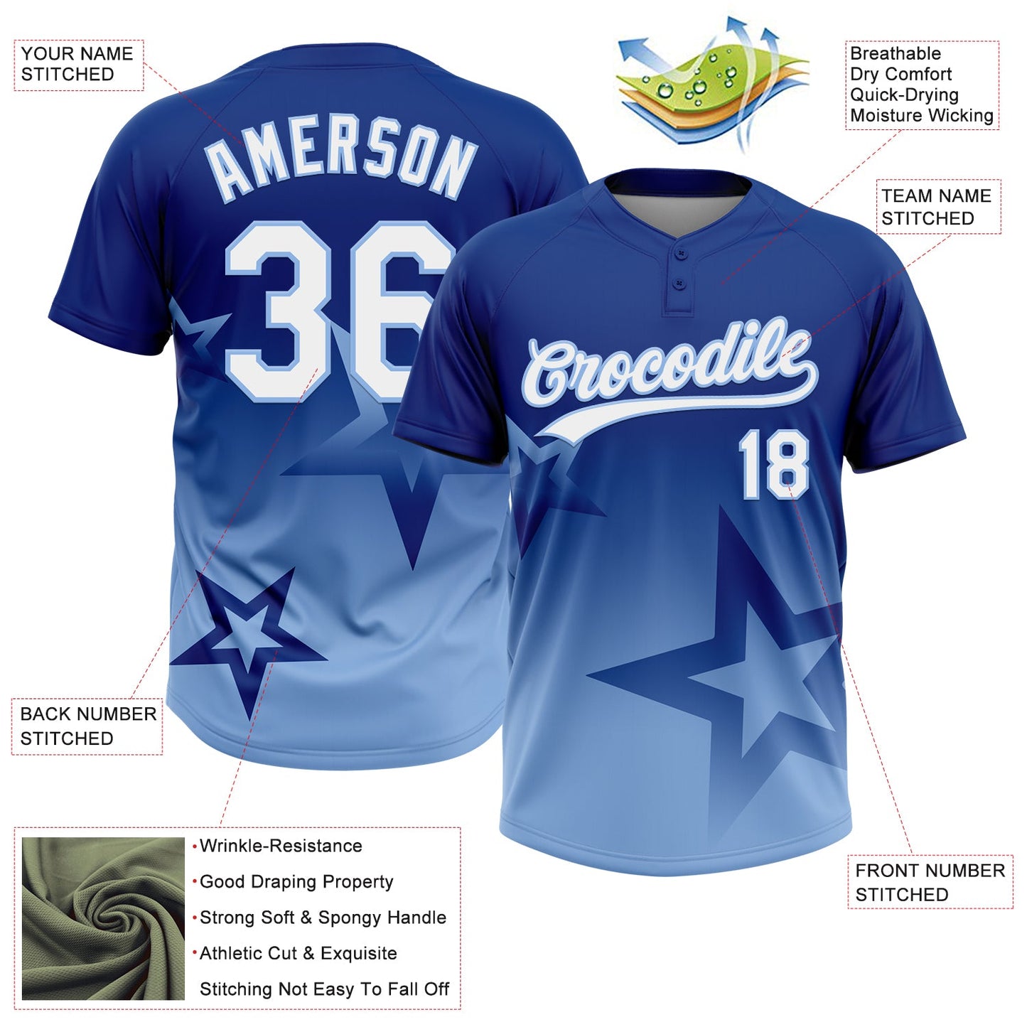 Custom Royal White-Light Blue Gradient Style Twinkle Star Two-Button Unisex Softball Jersey