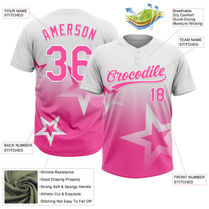 Custom White Pink Gradient Style Twinkle Star Two-Button Unisex Softball Jersey