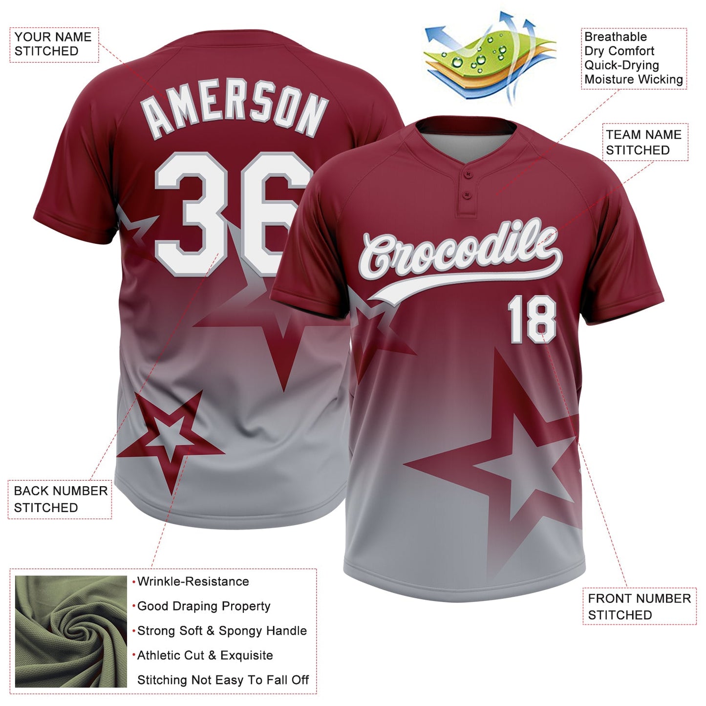 Custom Crimson White-Gray Gradient Style Twinkle Star Two-Button Unisex Softball Jersey