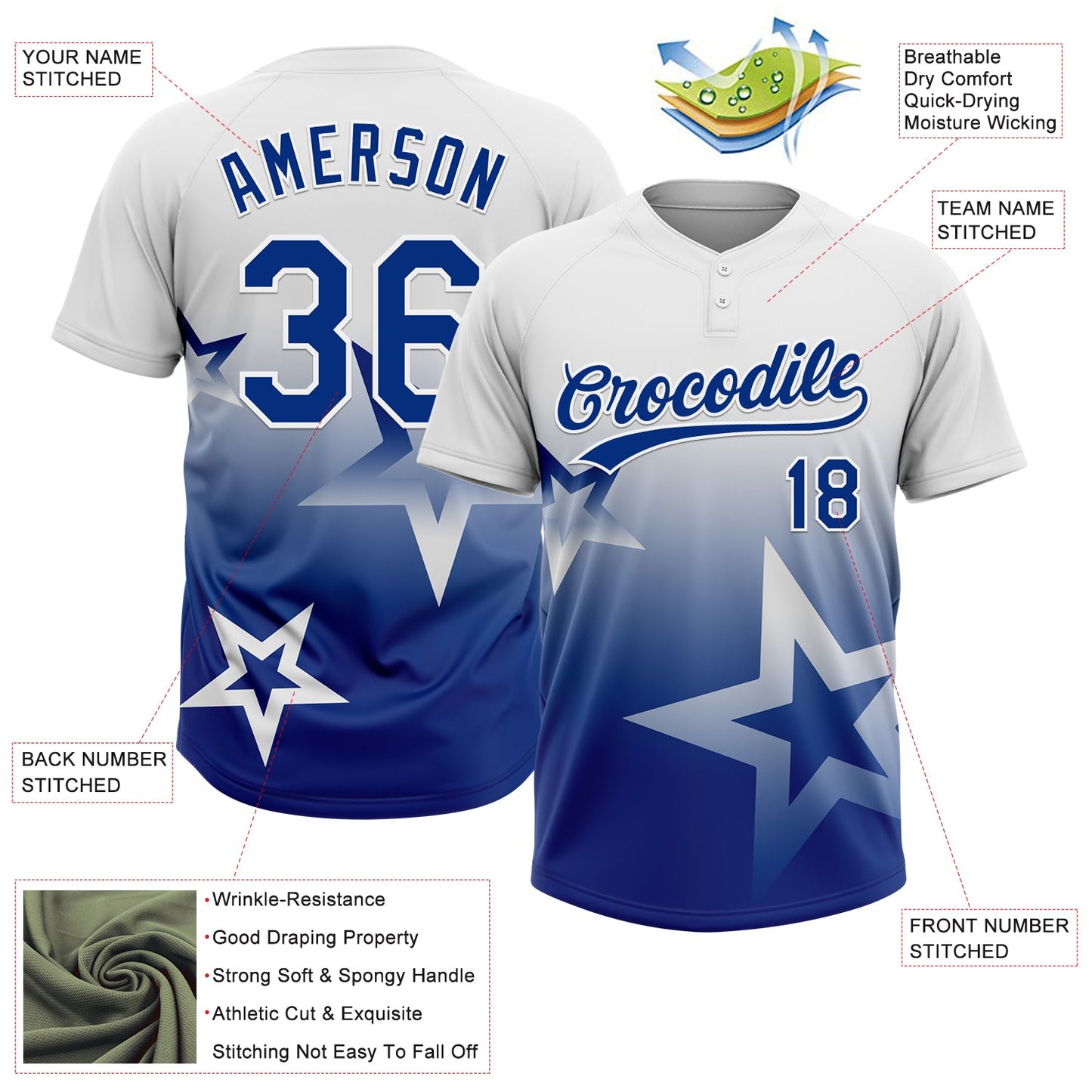 Custom White Royal Gradient Style Twinkle Star Two-Button Unisex Softball Jersey