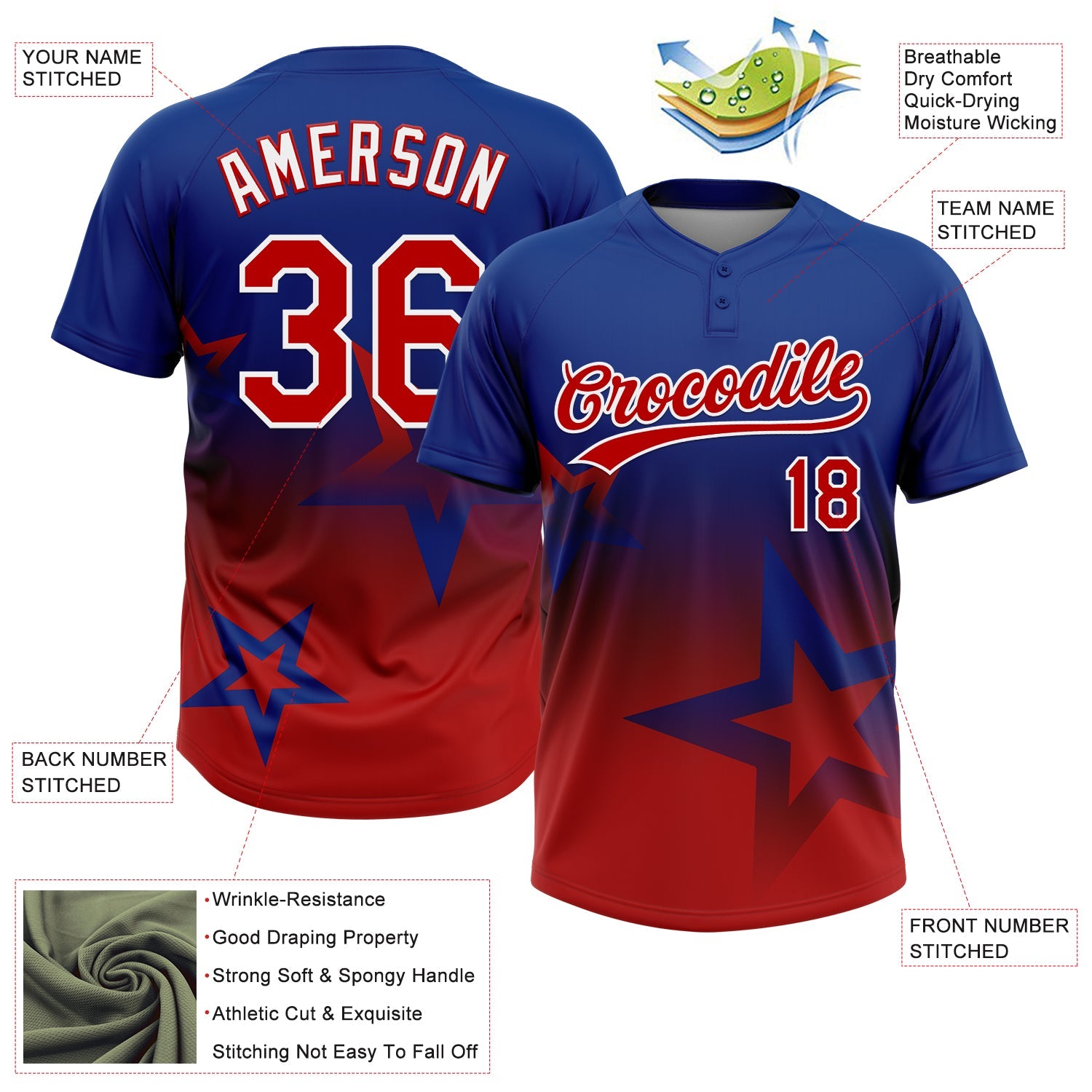 Custom Royal Red-White Gradient Style Twinkle Star Two-Button Unisex Softball Jersey