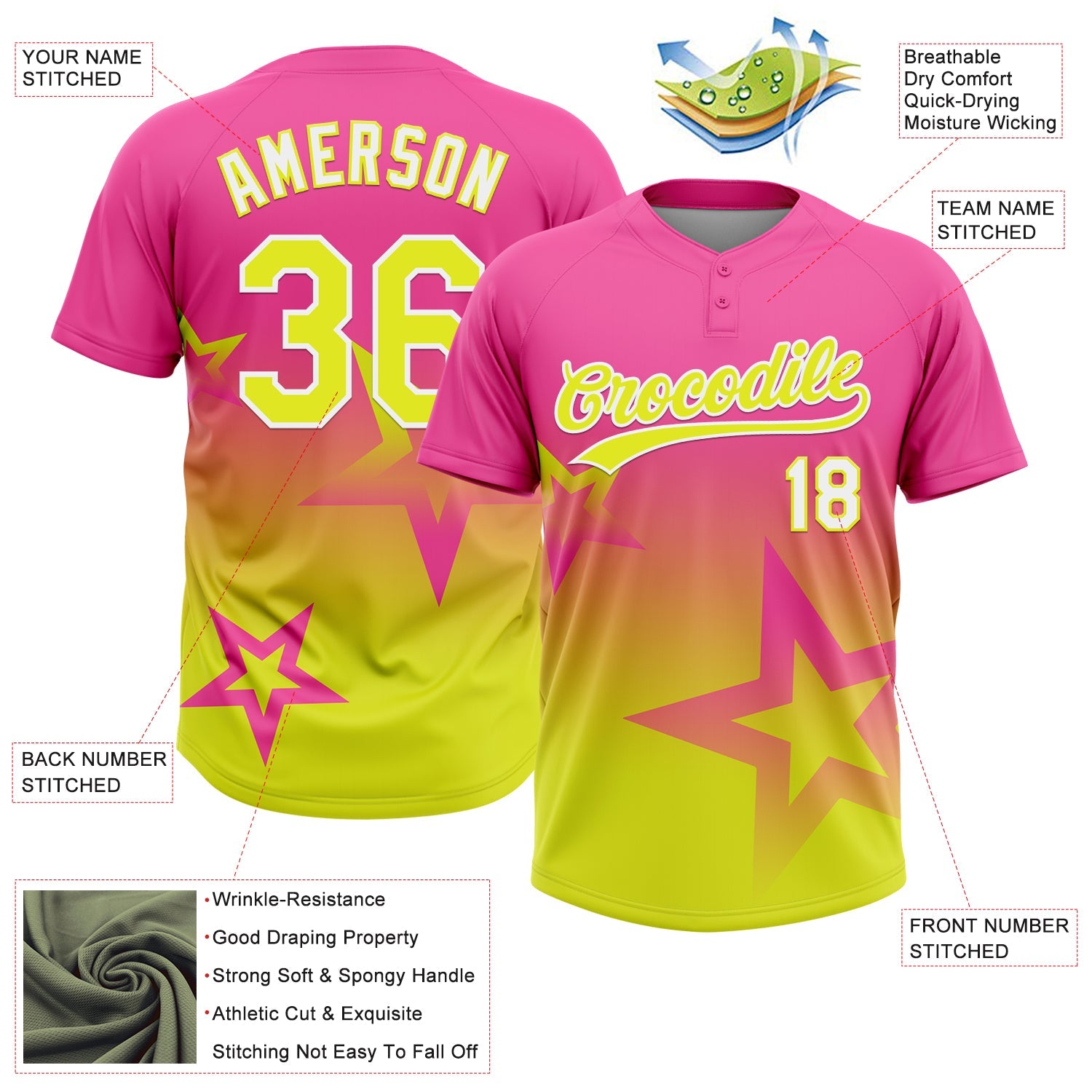 Custom Pink Neon Yellow-White Gradient Style Twinkle Star Two-Button Unisex Softball Jersey