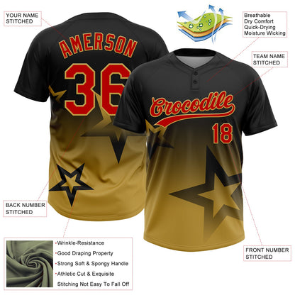 Custom Black Red-Old Gold Gradient Style Twinkle Star Two-Button Unisex Softball Jersey