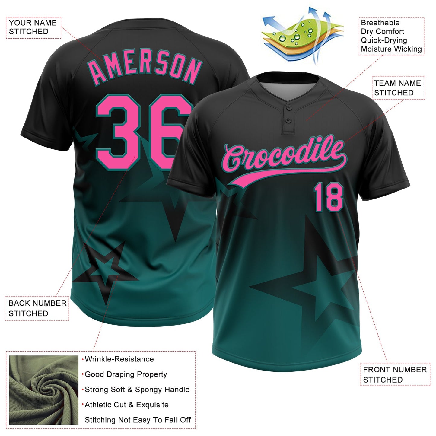 Custom Black Pink-Teal Gradient Style Twinkle Star Two-Button Unisex Softball Jersey