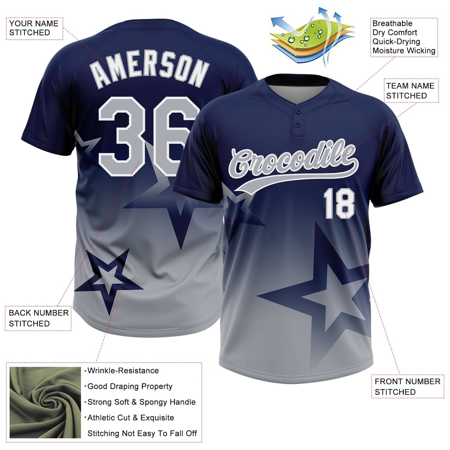 Custom Navy Gray-White Gradient Style Twinkle Star Two-Button Unisex Softball Jersey