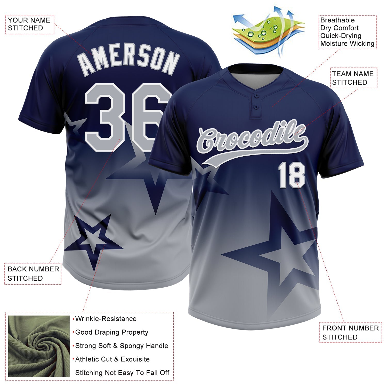 Custom Navy Gray-White Gradient Style Twinkle Star Two-Button Unisex Softball Jersey
