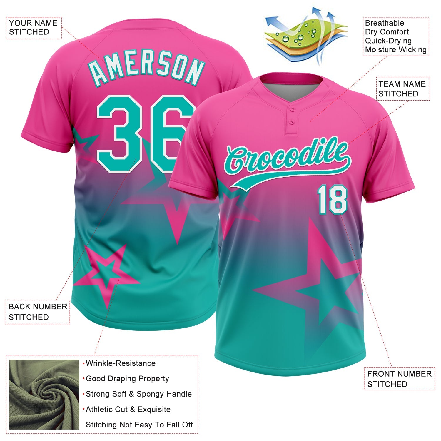 Custom Pink Aqua-White Gradient Style Twinkle Star Two-Button Unisex Softball Jersey