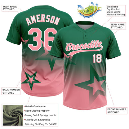 Custom Kelly Green Medium Pink-White Gradient Style Twinkle Star Two-Button Unisex Softball Jersey