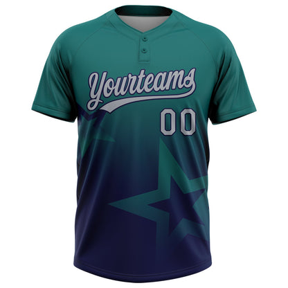 Custom Teal Gray-Navy Gradient Style Twinkle Star Two-Button Unisex Softball Jersey