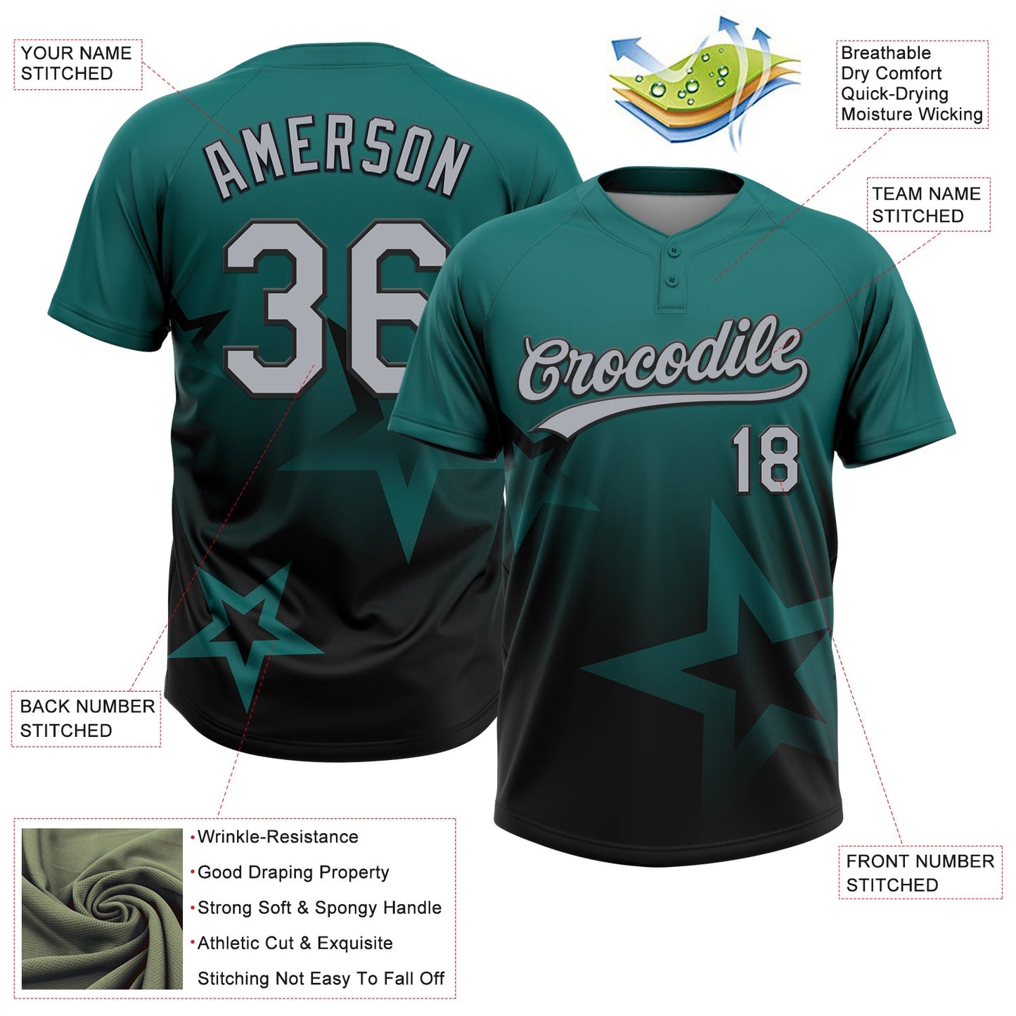 Custom Teal Gray-Black Gradient Style Twinkle Star Two-Button Unisex Softball Jersey