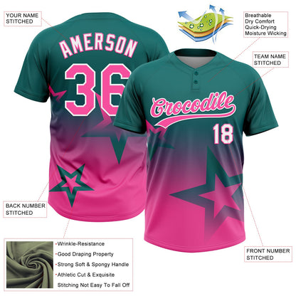Custom Teal Pink-White Gradient Style Twinkle Star Two-Button Unisex Softball Jersey