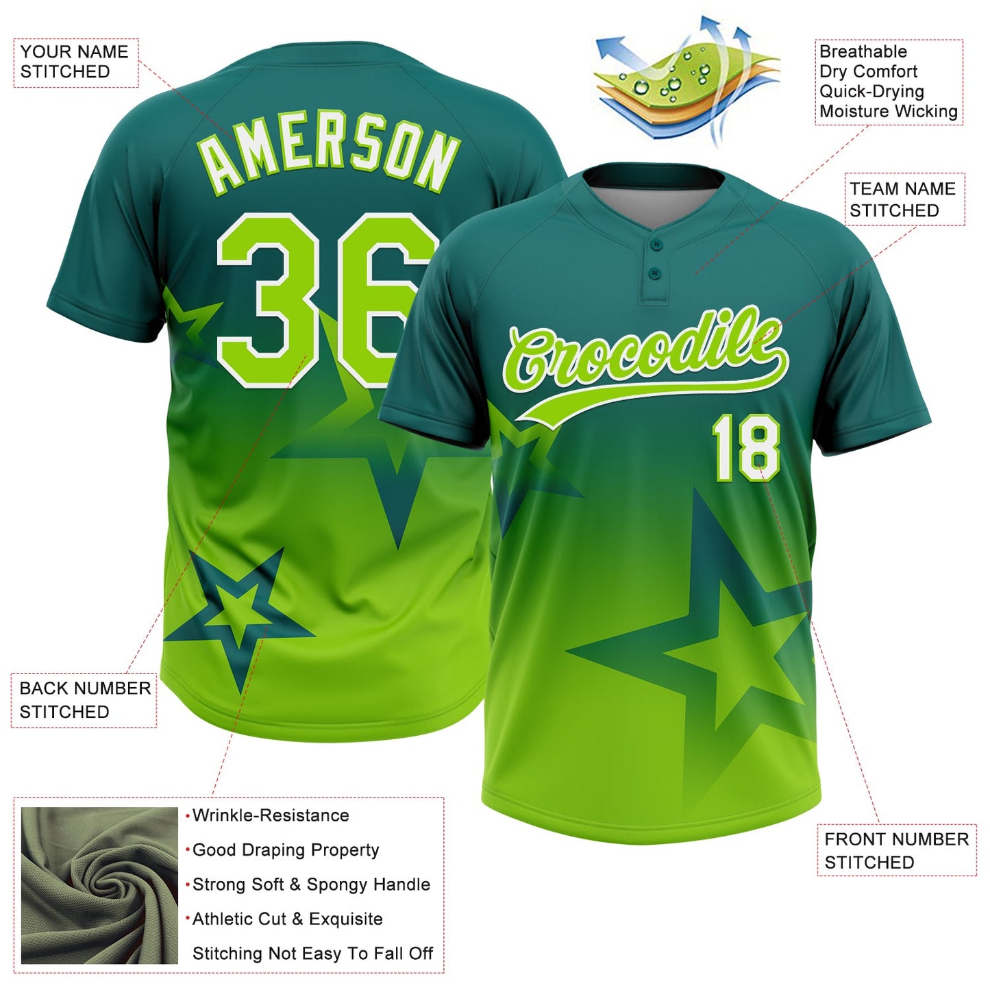 Custom Teal Neon Green-White Gradient Style Twinkle Star Two-Button Unisex Softball Jersey