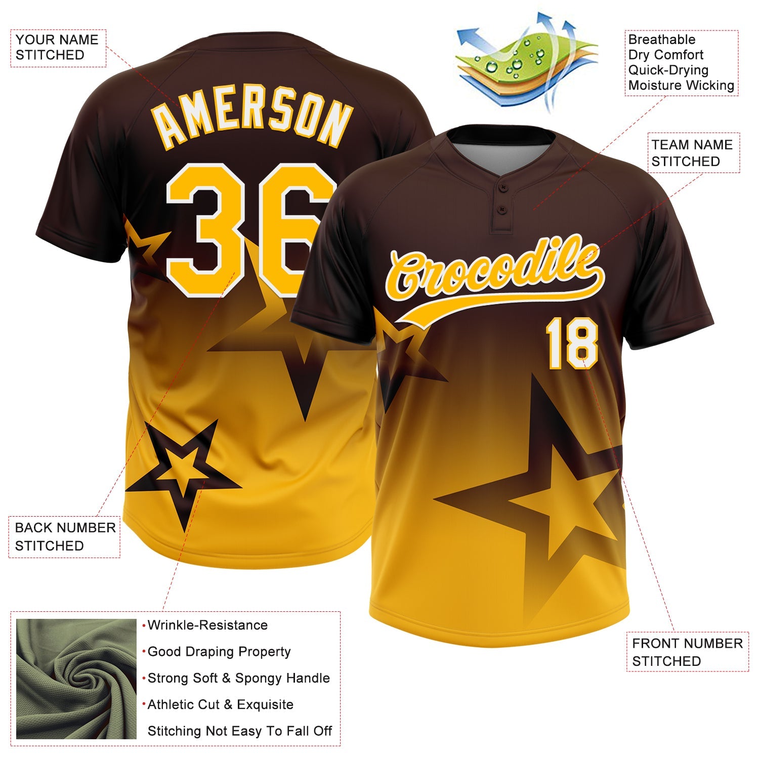 Custom Brown Gold-White Gradient Style Twinkle Star Two-Button Unisex Softball Jersey