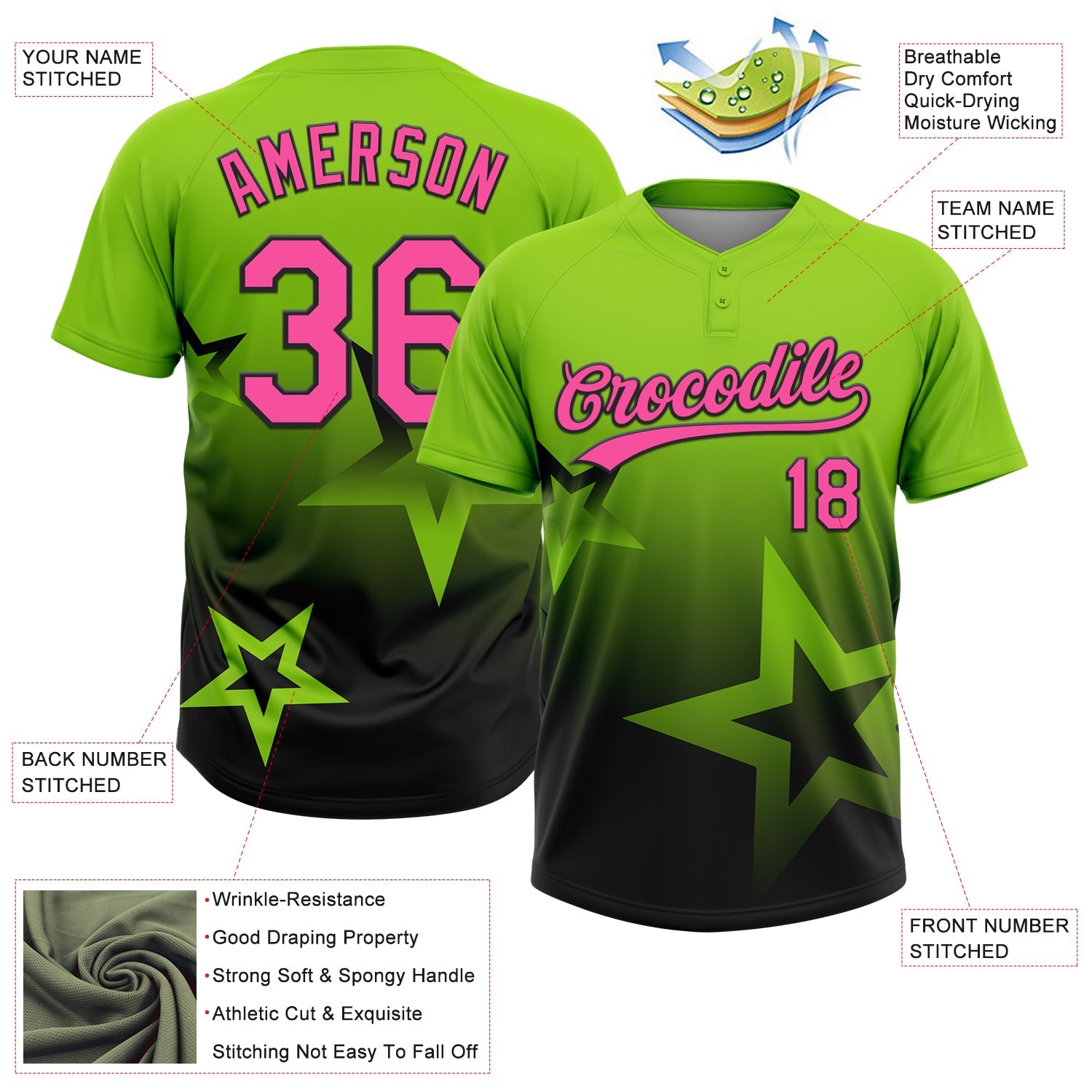 Custom Neon Green Pink-Black Gradient Style Twinkle Star Two-Button Unisex Softball Jersey