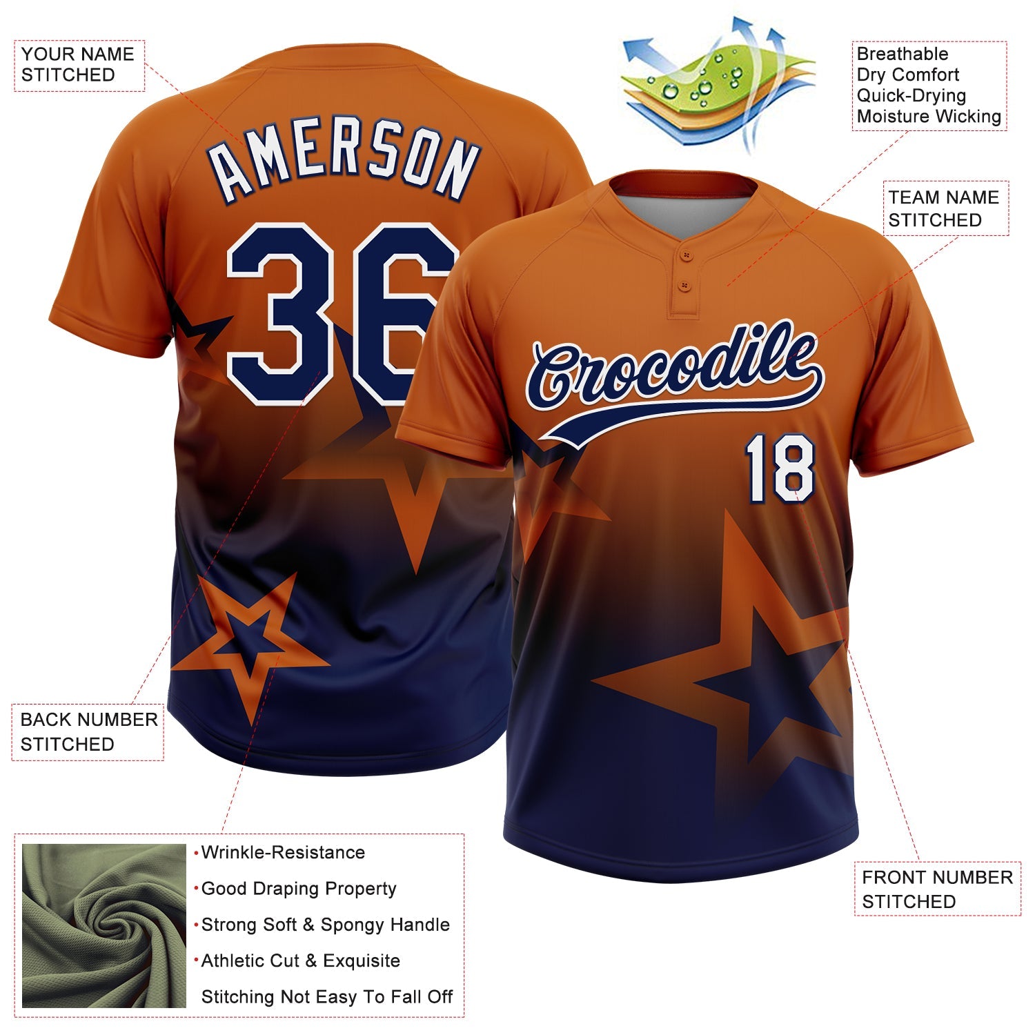 Custom Texas Orange Navy-White Gradient Style Twinkle Star Two-Button Unisex Softball Jersey