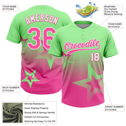 Custom Pea Green Pink-White Gradient Style Twinkle Star Two-Button Unisex Softball Jersey