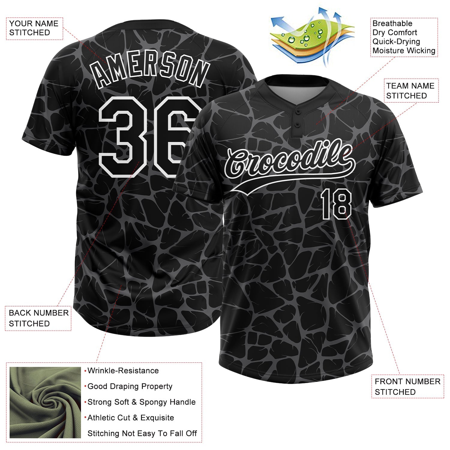 Custom Black Steel Gray-White Abstract Network Crackle Two-Button Unisex Softball Jersey