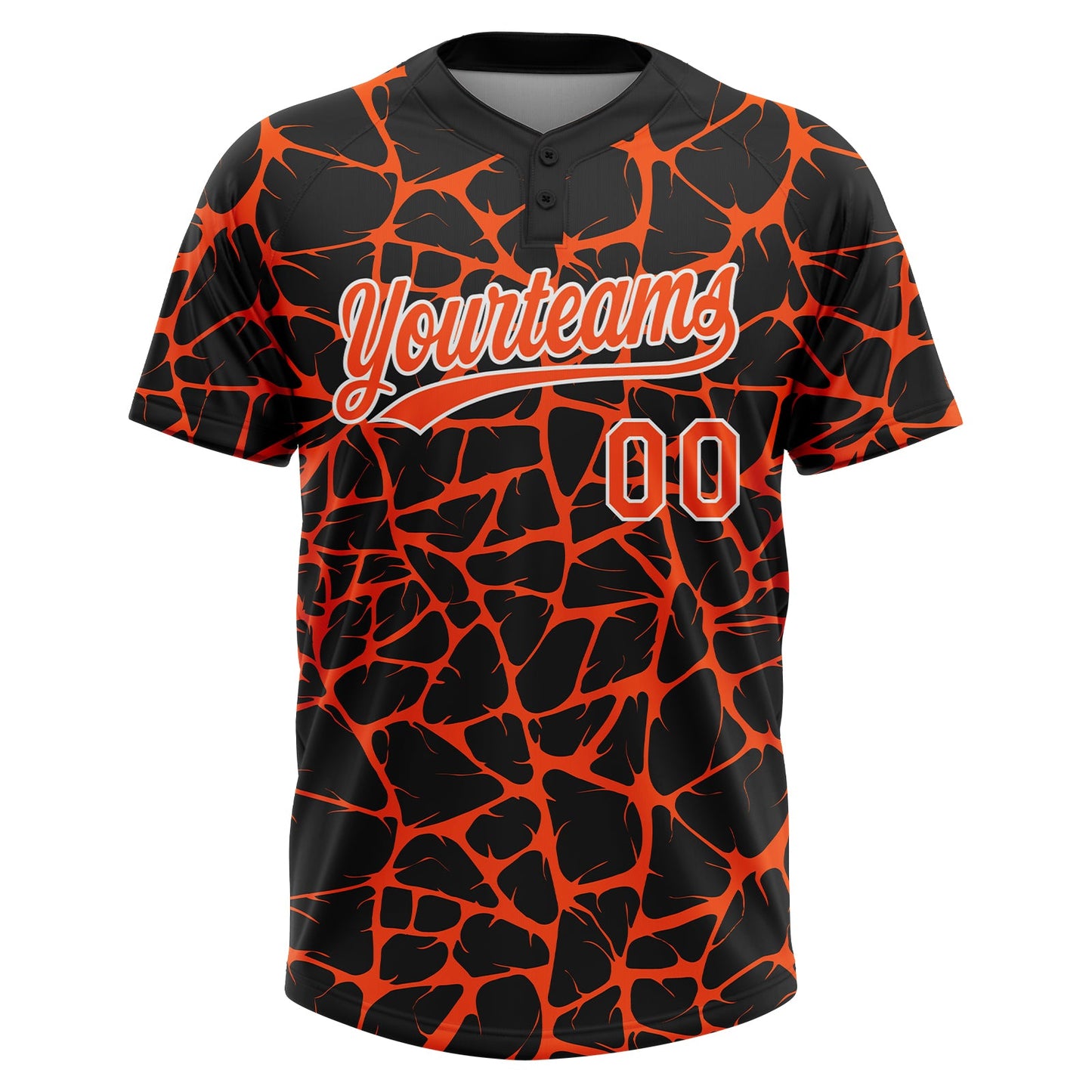 Custom Black Orange-White Abstract Network Crackle Two-Button Unisex Softball Jersey