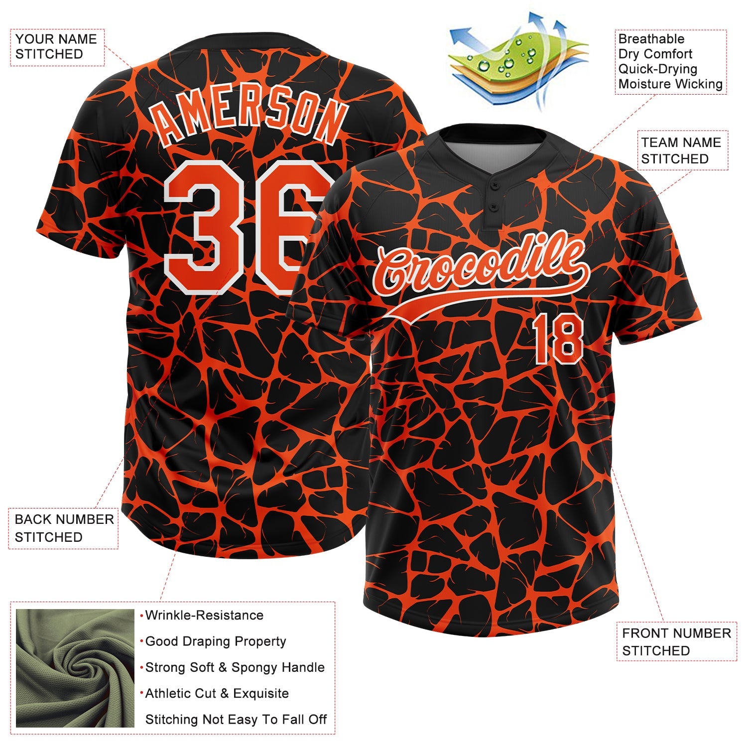 Custom Black Orange-White Abstract Network Crackle Two-Button Unisex Softball Jersey
