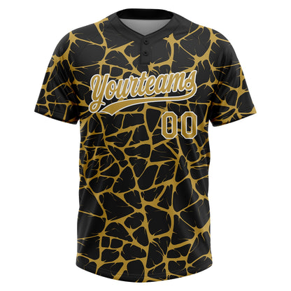 Custom Black Old Gold-White Abstract Network Crackle Two-Button Unisex Softball Jersey