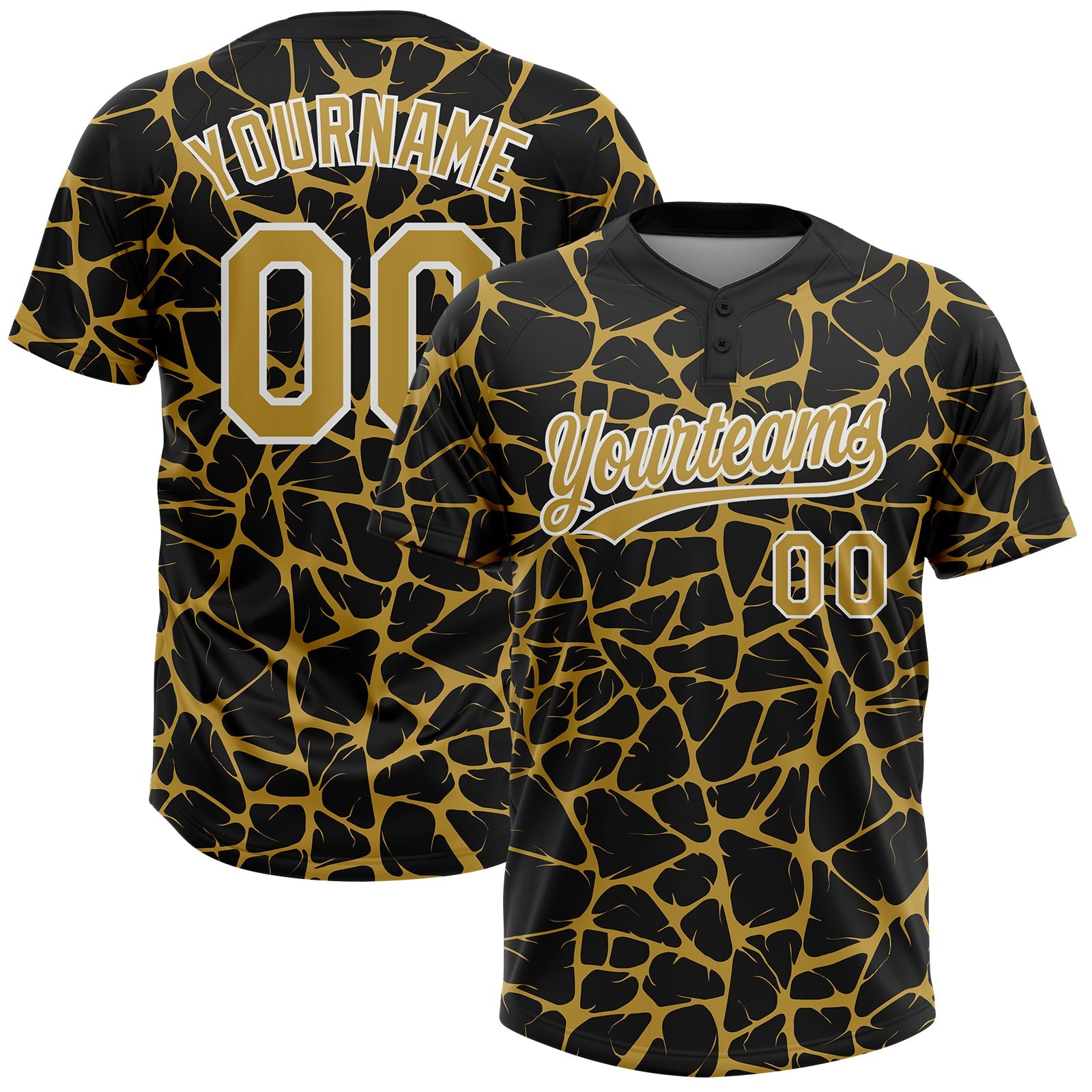Custom Black Old Gold-White Abstract Network Crackle Two-Button Unisex Softball Jersey