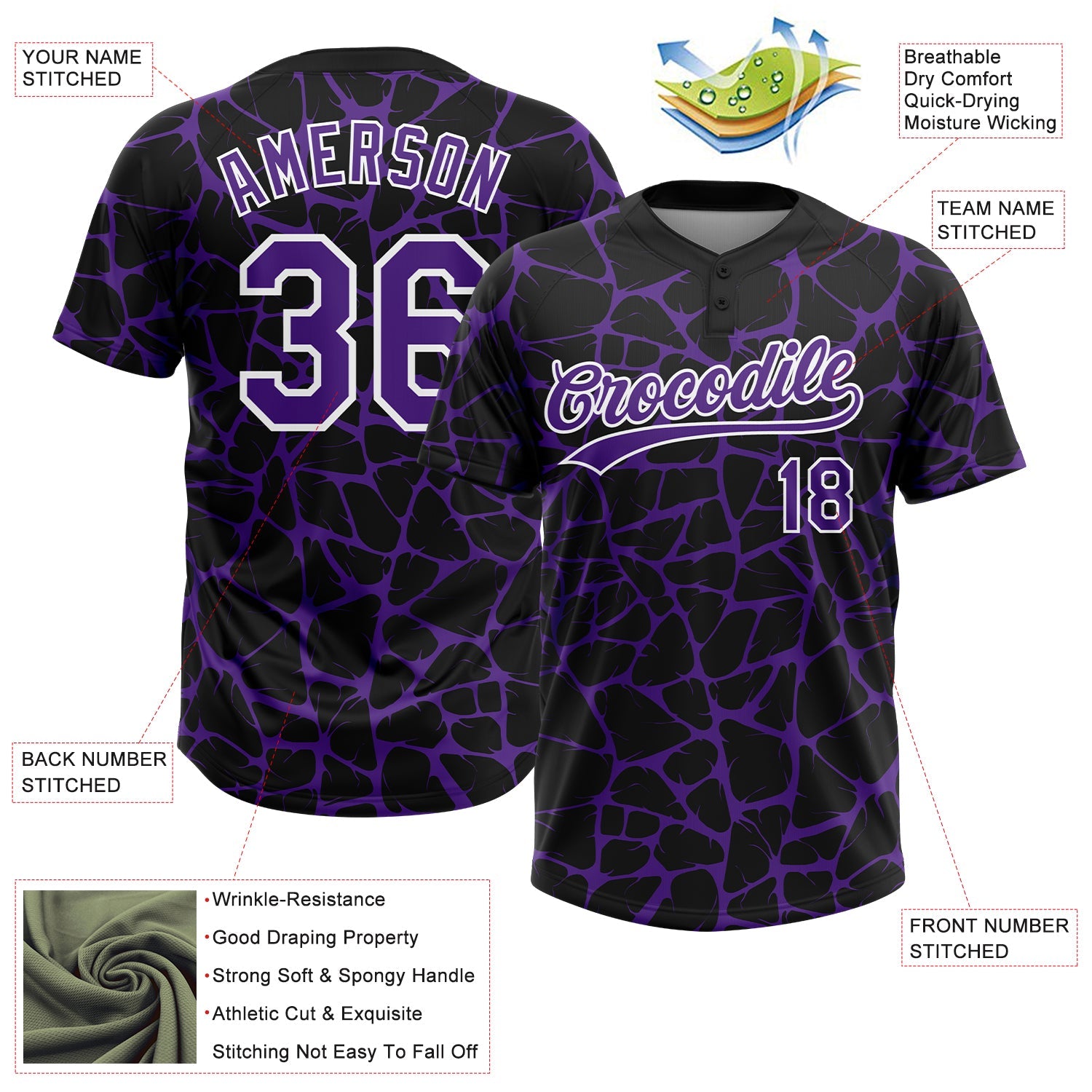 Custom Black Purple-White Abstract Network Crackle Two-Button Unisex Softball Jersey