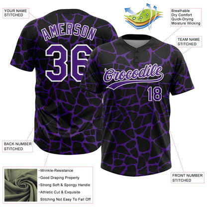 Custom Black Purple-White Abstract Network Crackle Two-Button Unisex Softball Jersey