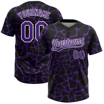 Custom Black Purple-White Abstract Network Crackle Two-Button Unisex Softball Jersey