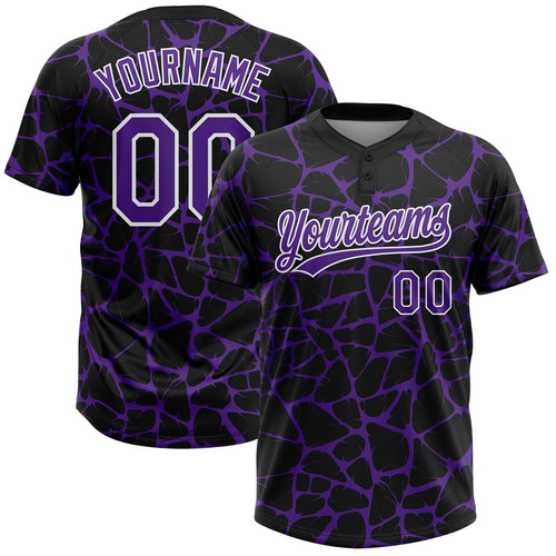 Custom Black Purple-White Abstract Network Crackle Two-Button Unisex Softball Jersey