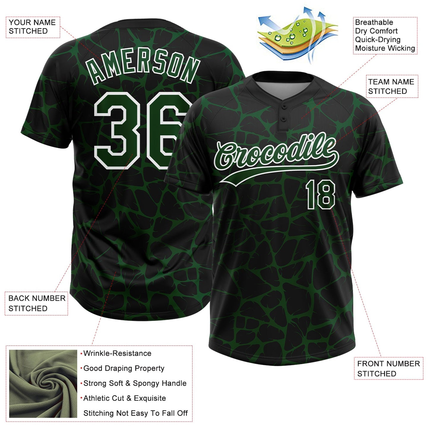Custom Black Green-White Abstract Network Crackle Two-Button Unisex Softball Jersey