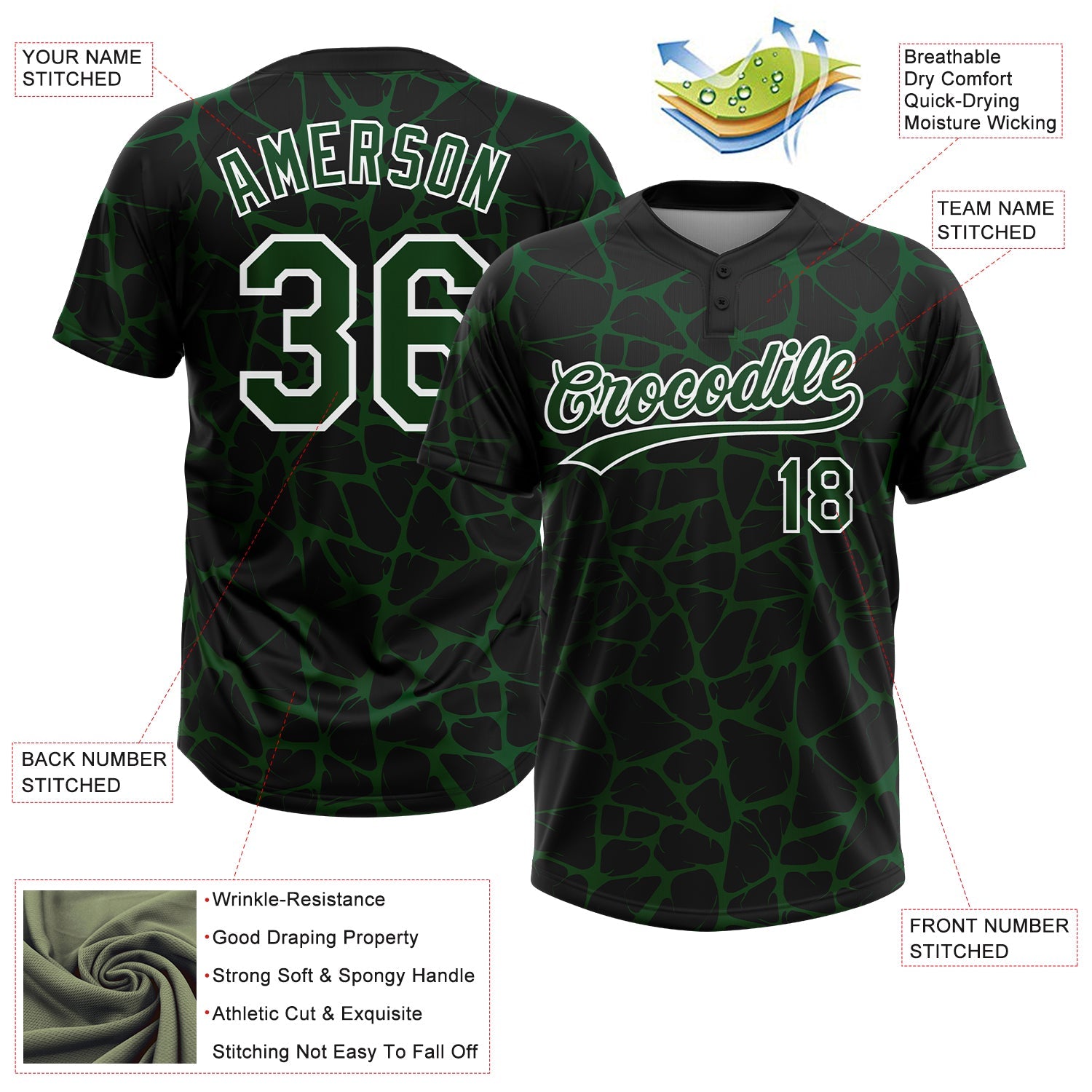 Custom Black Green-White Abstract Network Crackle Two-Button Unisex Softball Jersey