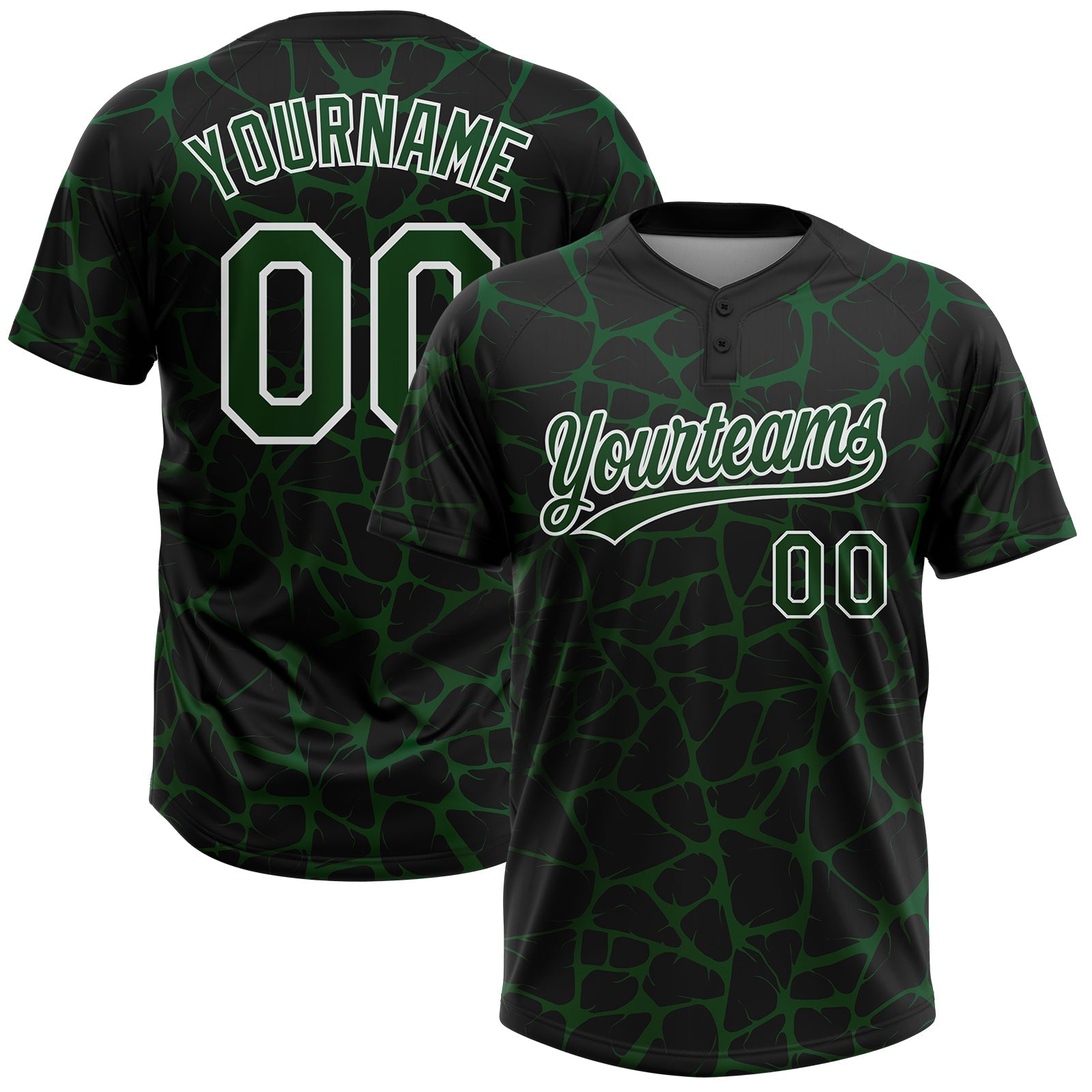 Custom Black Green-White Abstract Network Crackle Two-Button Unisex Softball Jersey