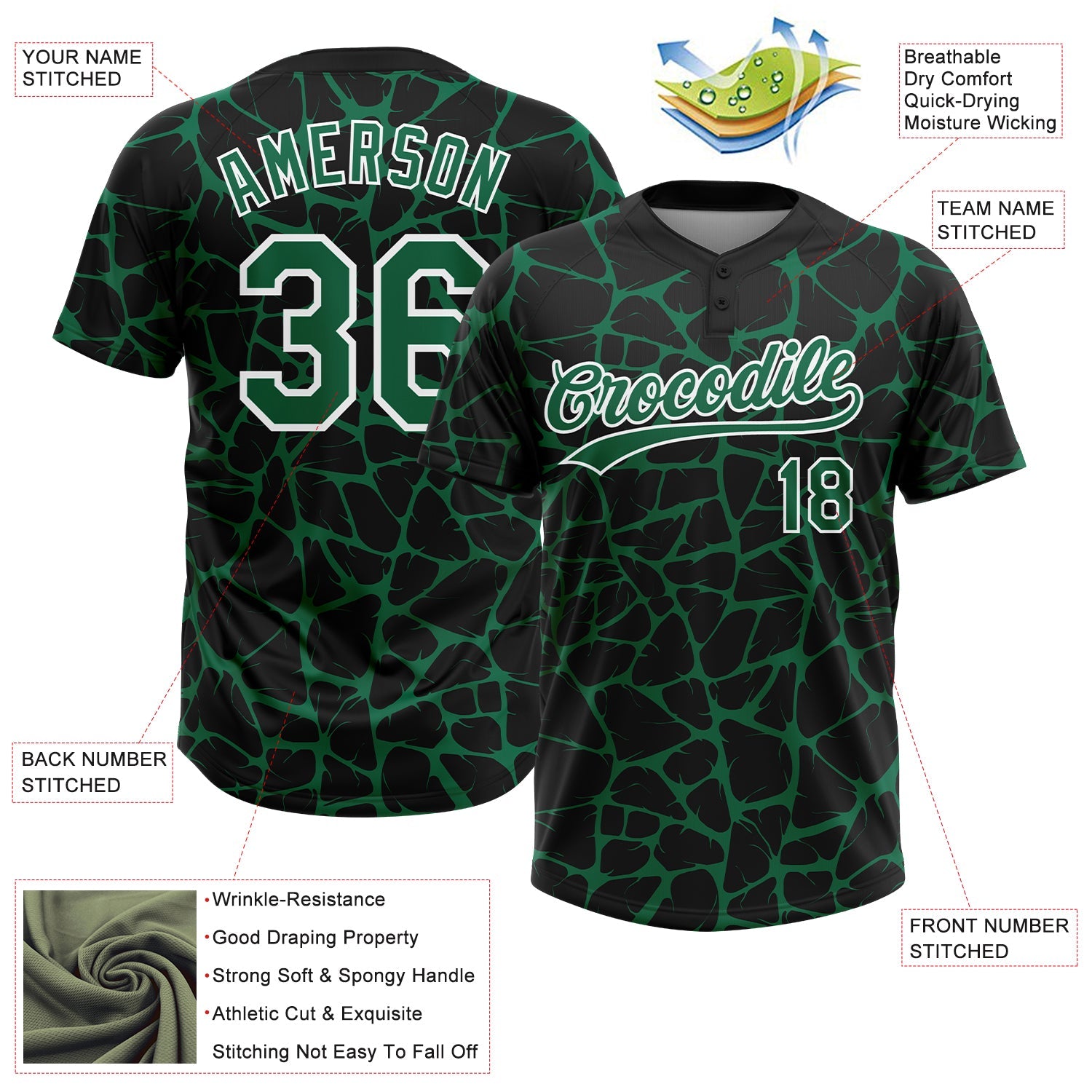 Custom Black Kelly Green-White Abstract Network Crackle Two-Button Unisex Softball Jersey