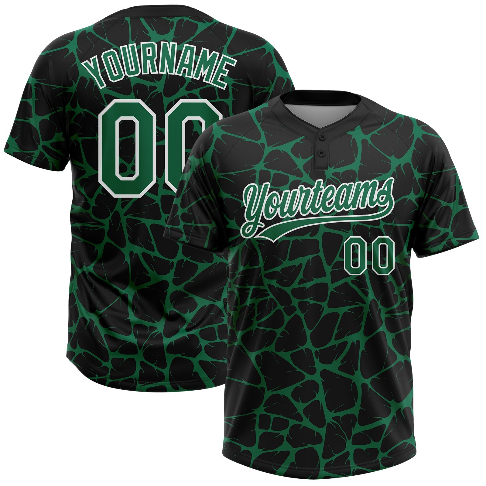 Custom Black Kelly Green-White Abstract Network Crackle Two-Button Unisex Softball Jersey